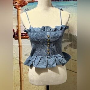 Poof New York Stylish Blue Smocked Ruffle Blouse